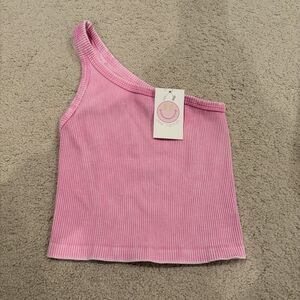 NWT One Shoulder Crop Tank Top In Acid Wash Ribbed Pink Women One Size Fit Most